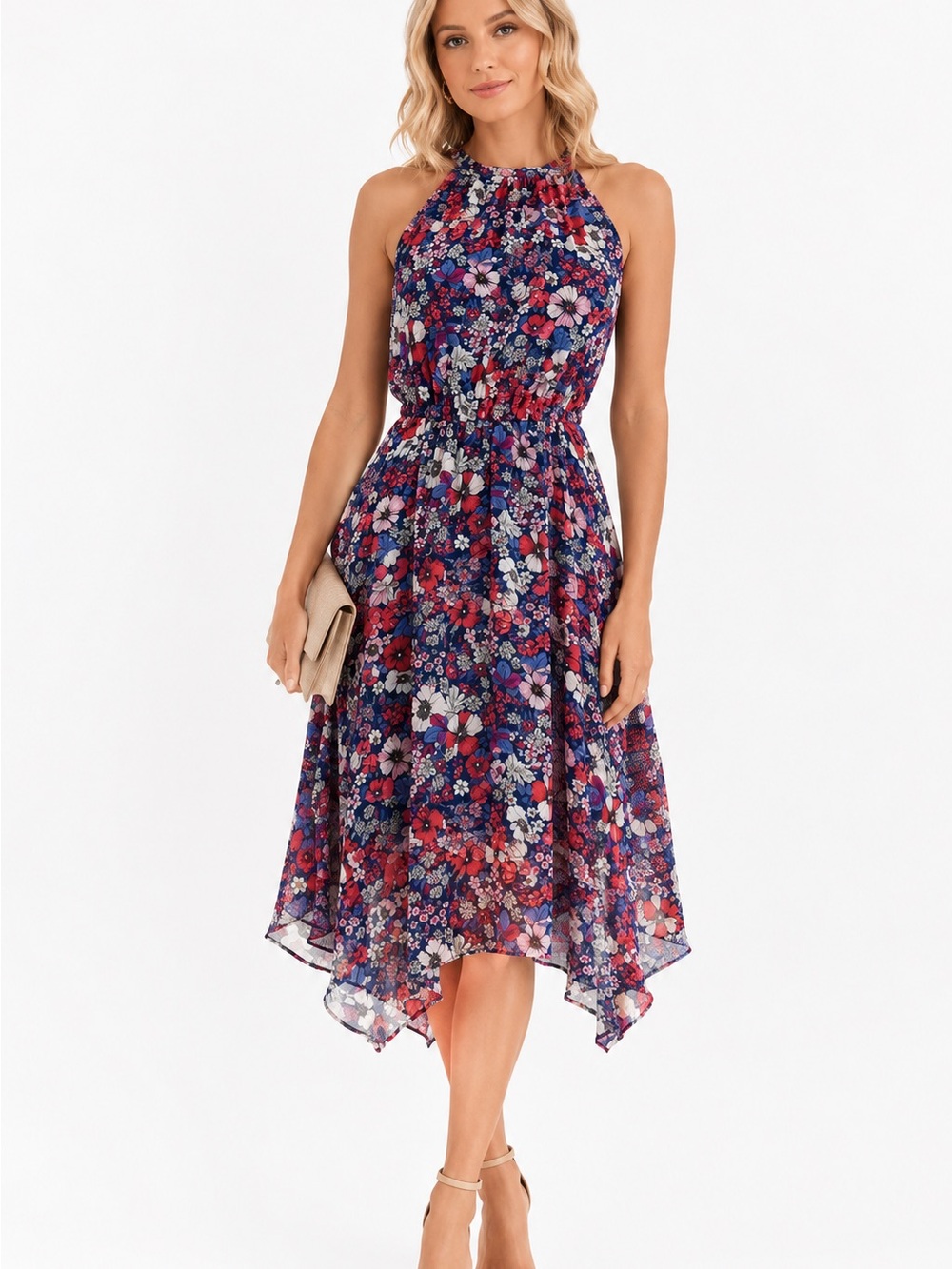 BCBG Paris Navy Handkerchief Hem Floral Halter Midi Dress Large